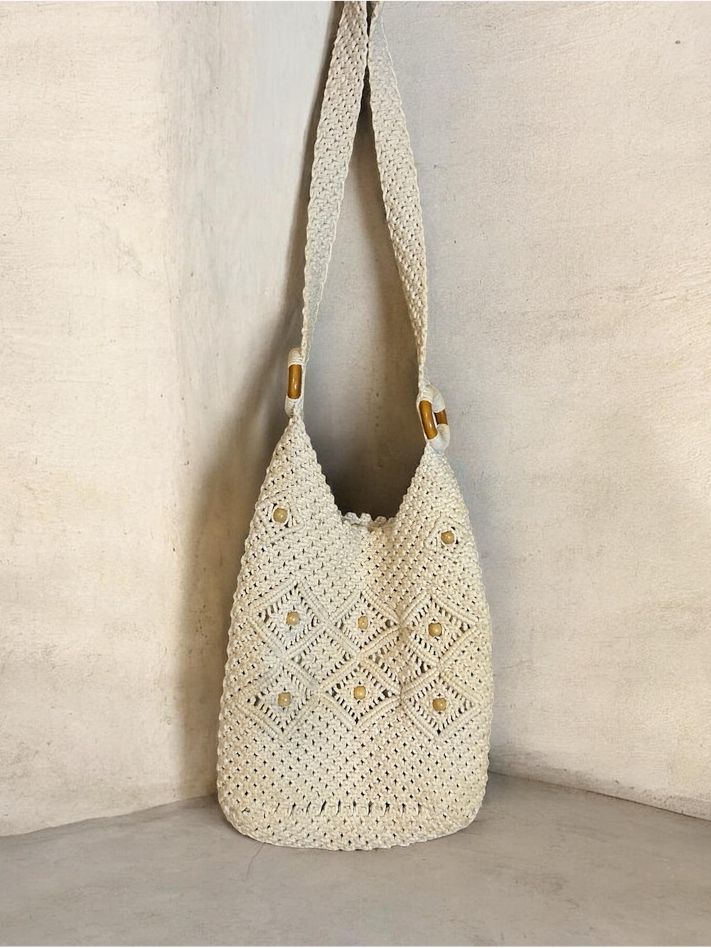 Handcrafted Cream Crochet Shoulder Bag with Wooden Accents